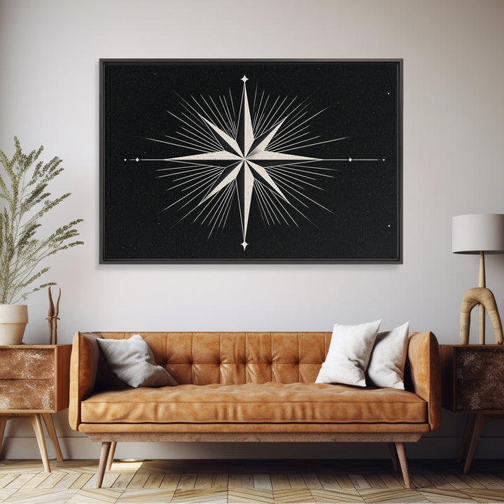White Compass Star On Black Speckled Sky Wall Art, Mid Century Modern Abstract Print, Minimalist Retro Geometric Wall Decor