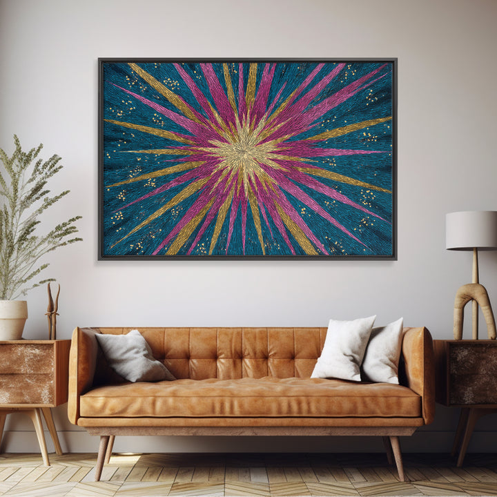 Teal Pink Gold Radiating Star Lines Framed Canvas Print, Modern Abstract Wall Art, Colorful Mid Century Modern MCM Decor Poster