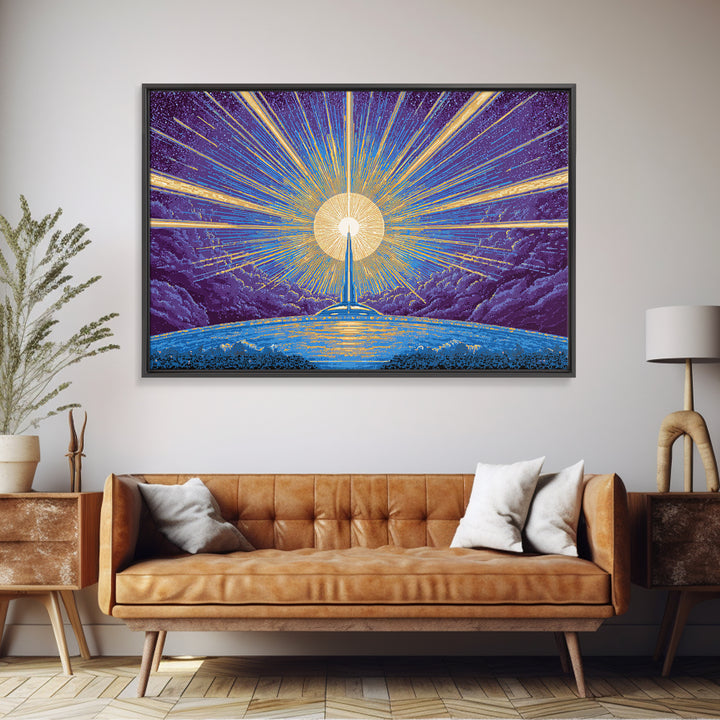 Radiant Rocket Sunrise Wall Art, Retro Sci Fi Poster, Mid Century Modern Art Print, Blue Yellow Space Decor, Space Abstract Art