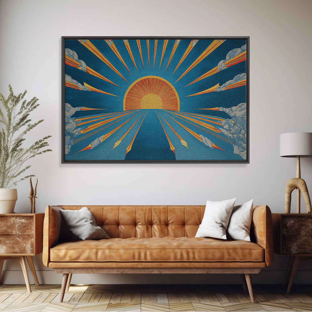 Embroidered Sunburst Canvas Print, Mid Century Modern Wall Art, Retro Sun Poster, Teal Orange Textile Style Home Decor Print