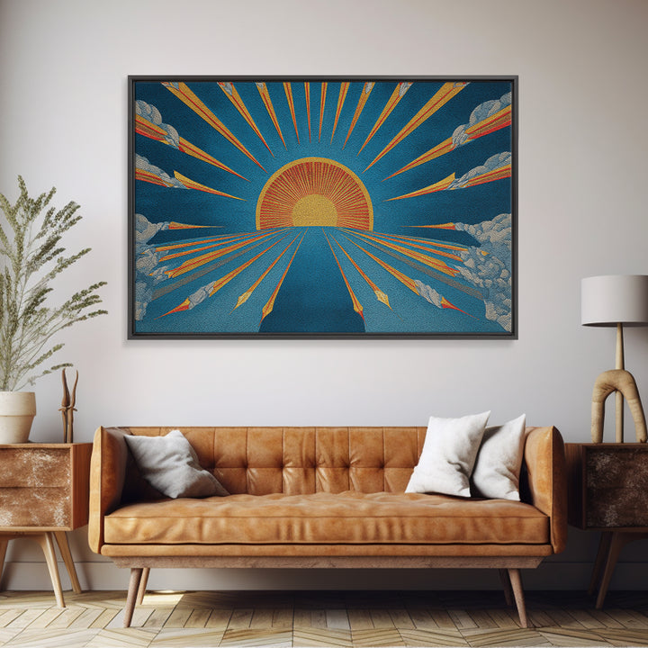 Embroidered Sunburst Canvas Print, Mid Century Modern Wall Art, Retro Sun Poster, Teal Orange Textile Style Home Decor Print
