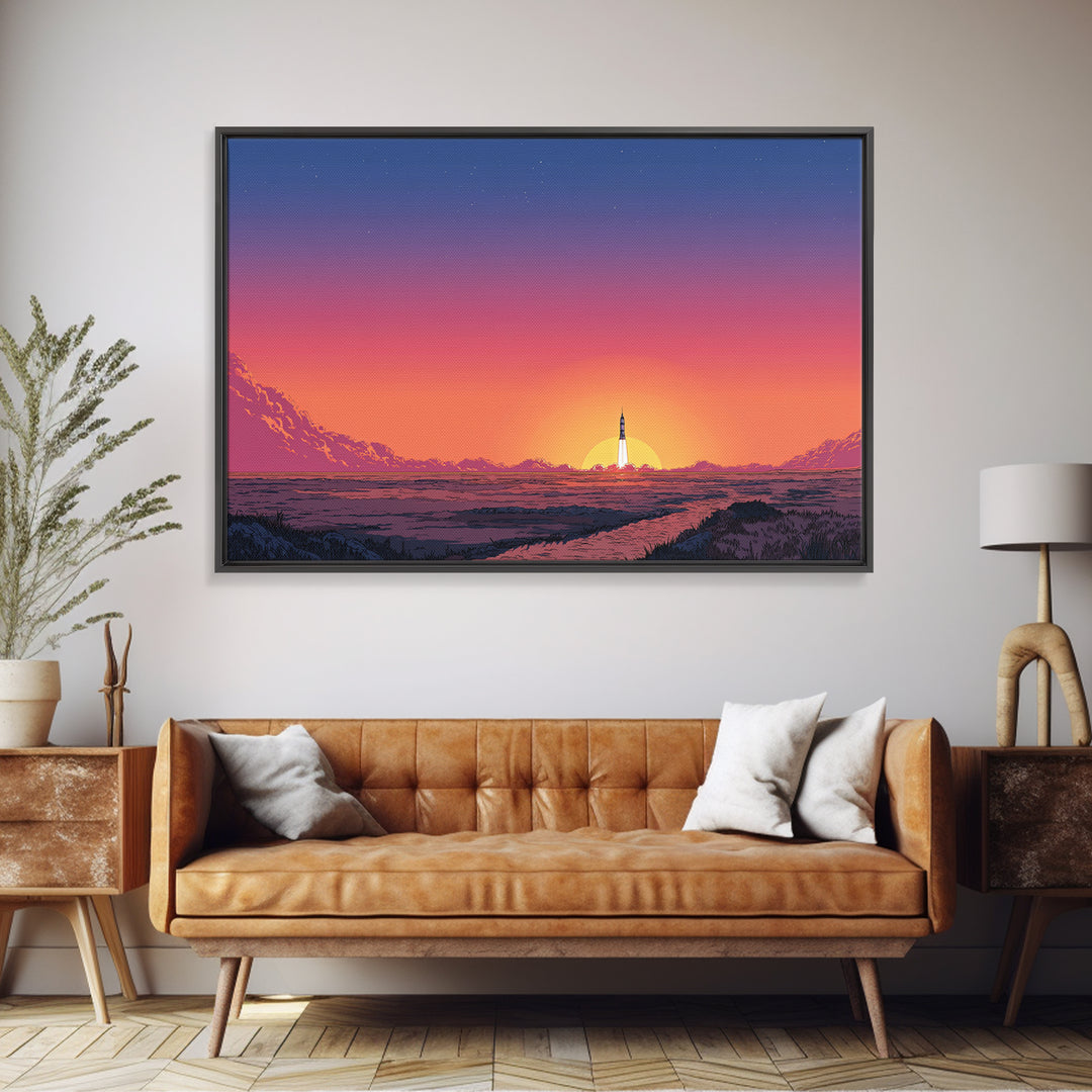 Rocket Sunset Landscape Wall Art, Retro Sci Fi Poster, Mid Century Modern Print, Orange Pink Desert Decor, Space Travel Art