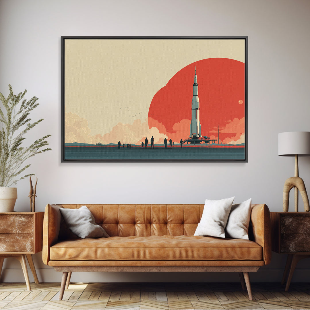 Minimal Rocket Red Sun Framed Canvas Print, Mid Century Modern Wall Art, Space Age Poster, Palm Springs Colors, Retro Decor