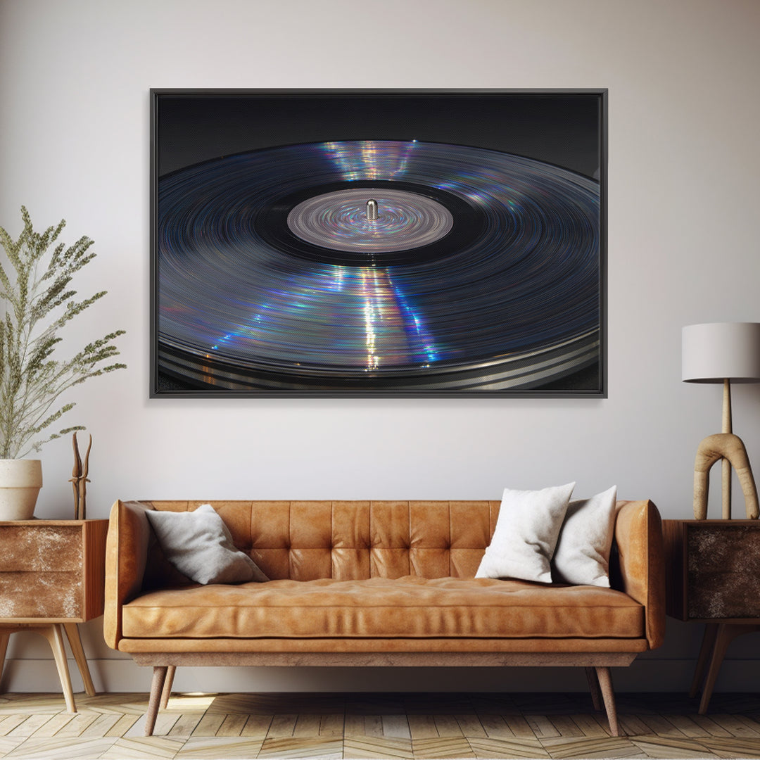 Iridescent Vinyl Record Macro Wall Art, Modern Music Photography Print, Retro Turntable Decor, Minimal Black Home Decor