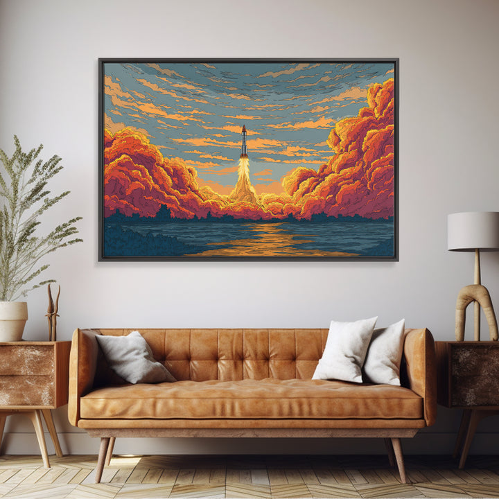 Rocket Launch Clouds Canvas Print, Retro Sci Fi Wall Art, Mid Century Modern Poster, Orange Blue Landscape Decor, Space Art Print