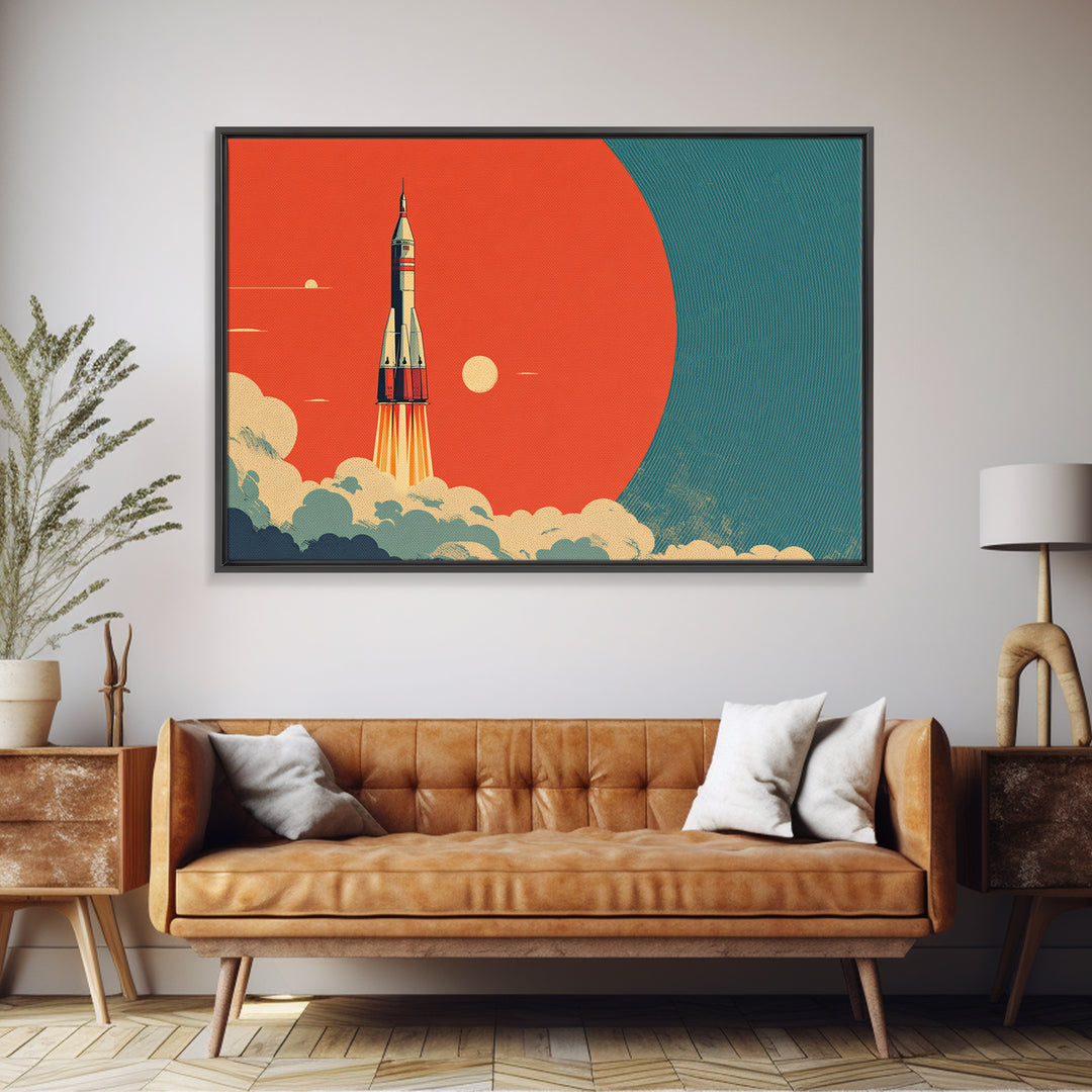 Retro Rocket Launch At Orange Planet, Midcentury Modern Wall Art, Space Poster, Sci Fi Print, Atomic Decor For Living Room