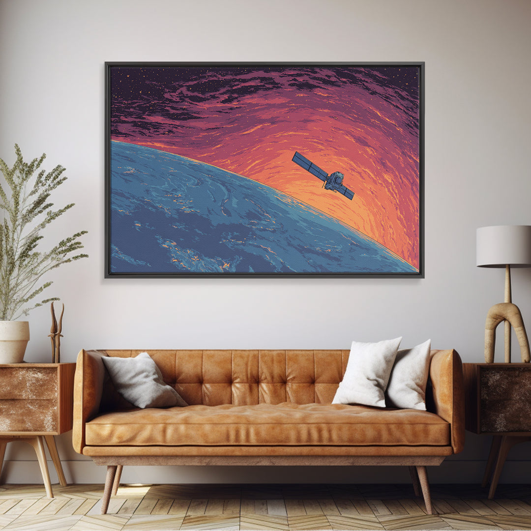Satellite Over Blue Planet At Sunset, Retro Sci Fi Wall Art, Midcentury Modern Art Print, Space Poster For Home Office Decor
