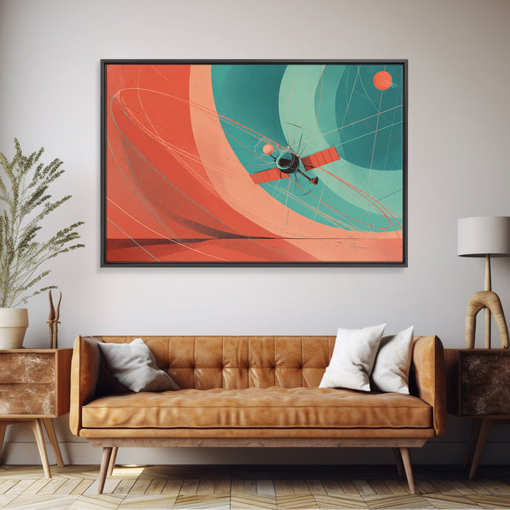 Abstract Satellite Orbit With Coral Teal Planets, Canvas Print, Midcentury Modern Wall Art, Geometric Space Poster Decor