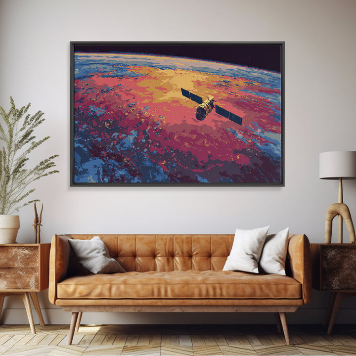 Colorful Satellite Above Pink Blue Earth, Midcentury Modern Wall Art, Retro Sci Fi Poster, Large Canvas Print For Office