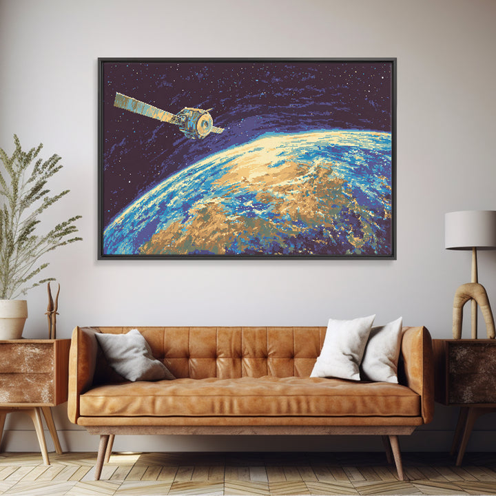 Satellite Over Earth With Stars, Midcentury Modern Wall Art, Retro Sci Fi Space Poster, Blue Canvas Print For Office Decor