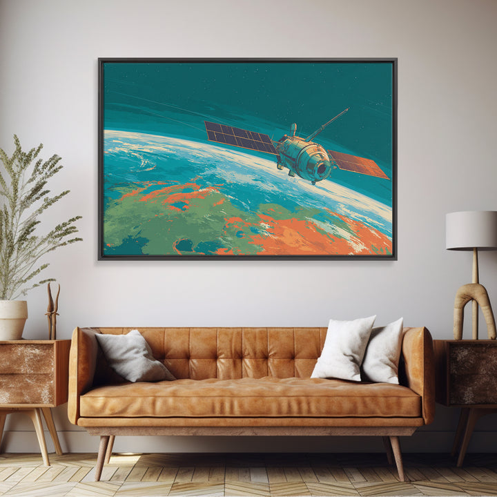 Teal Satellite Above Earth Horizon, Canvas Print, Midcentury Modern Wall Art, Retro Space Poster, Modern Home Office Decor