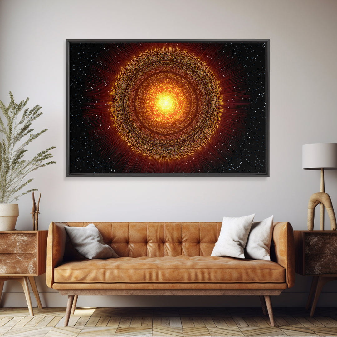 Radiant Orange Sun Star Mandala In Space, Midcentury Modern Wall Art, Cosmic Abstract Canvas Print, Spiritual Decor For Living Room