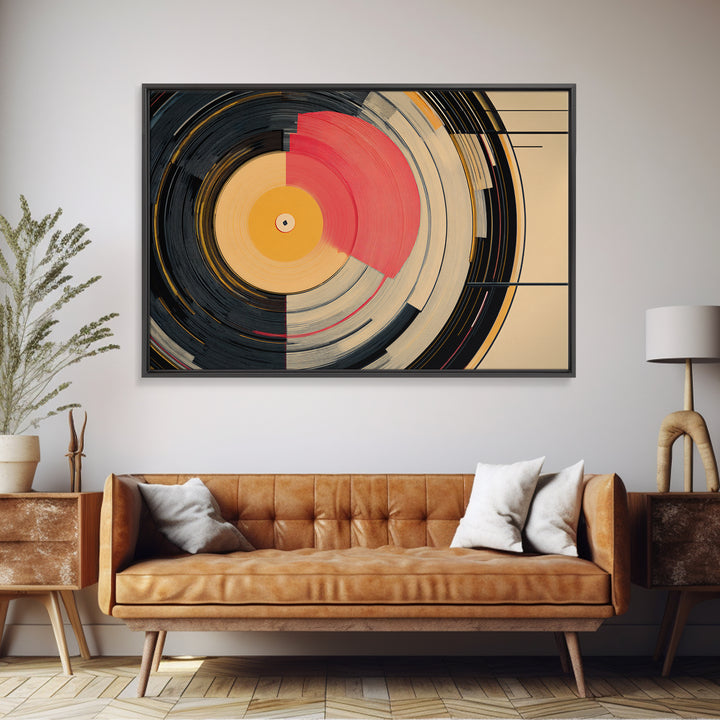 Coral And Gold Vinyl Circles Framed Canvas Print, Mid Century Modern Wall Decor, Abstract Record Art, Bold MCM Home Art Poster