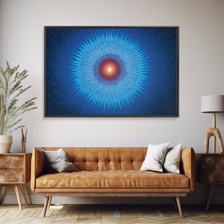 Electric Blue Cosmic Sun Burst, Abstract Wall Art, Midcentury Modern Canvas Print, Space Poster For Modern Home Office Decor