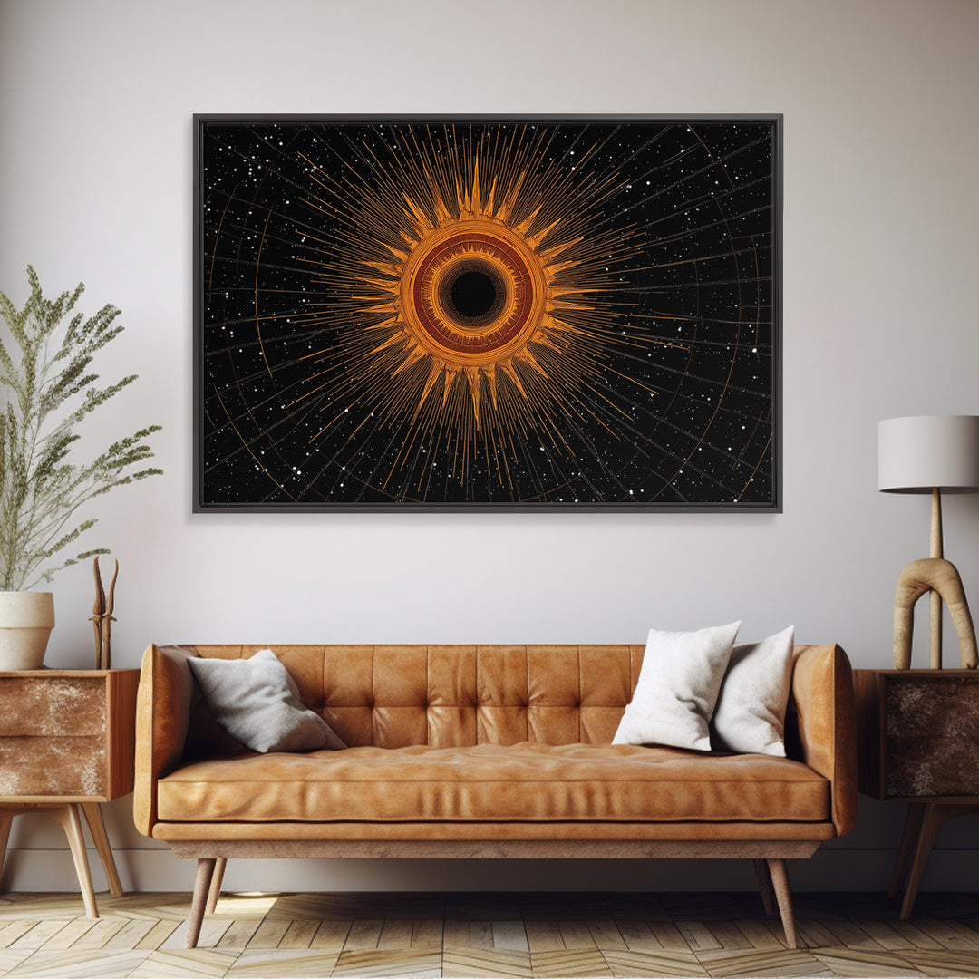 Orange Eclipse Starburst In Black Space Wall Art, Midcentury Modern Art Print, Atomic Retro Decor, Cosmic Abstract Poster