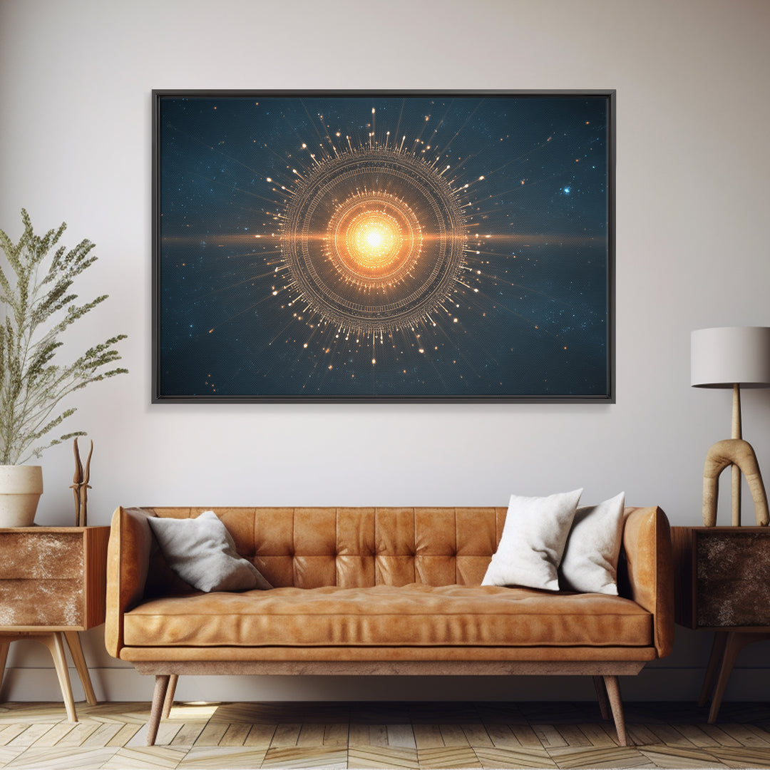 Glowing Golden Sun Mandala In Deep Space Canvas Print, Modern Abstract Art, Celestial Wall Decor, Midcentury Cosmic Poster