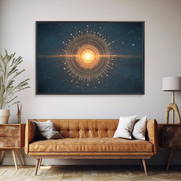 Glowing Golden Sun Mandala In Deep Space Canvas Print, Modern Abstract Art, Celestial Wall Decor, Midcentury Cosmic Poster