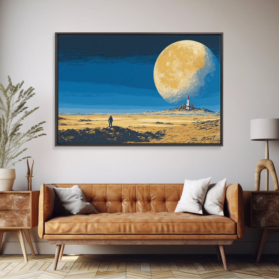 Lone Astronaut On Golden Moon Desert Wall Art, Retro Sci Fi Landscape Poster, Midcentury Modern Space Decor, Blue Yellow Print