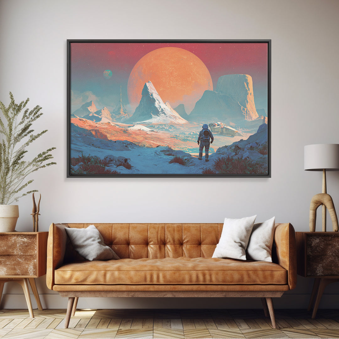 Pastel Astronaut Alien Planet Mountain Framed Canvas Print, Modern Sci Fi Wall Art, Pink Blue Landscape, Retro Space Decor