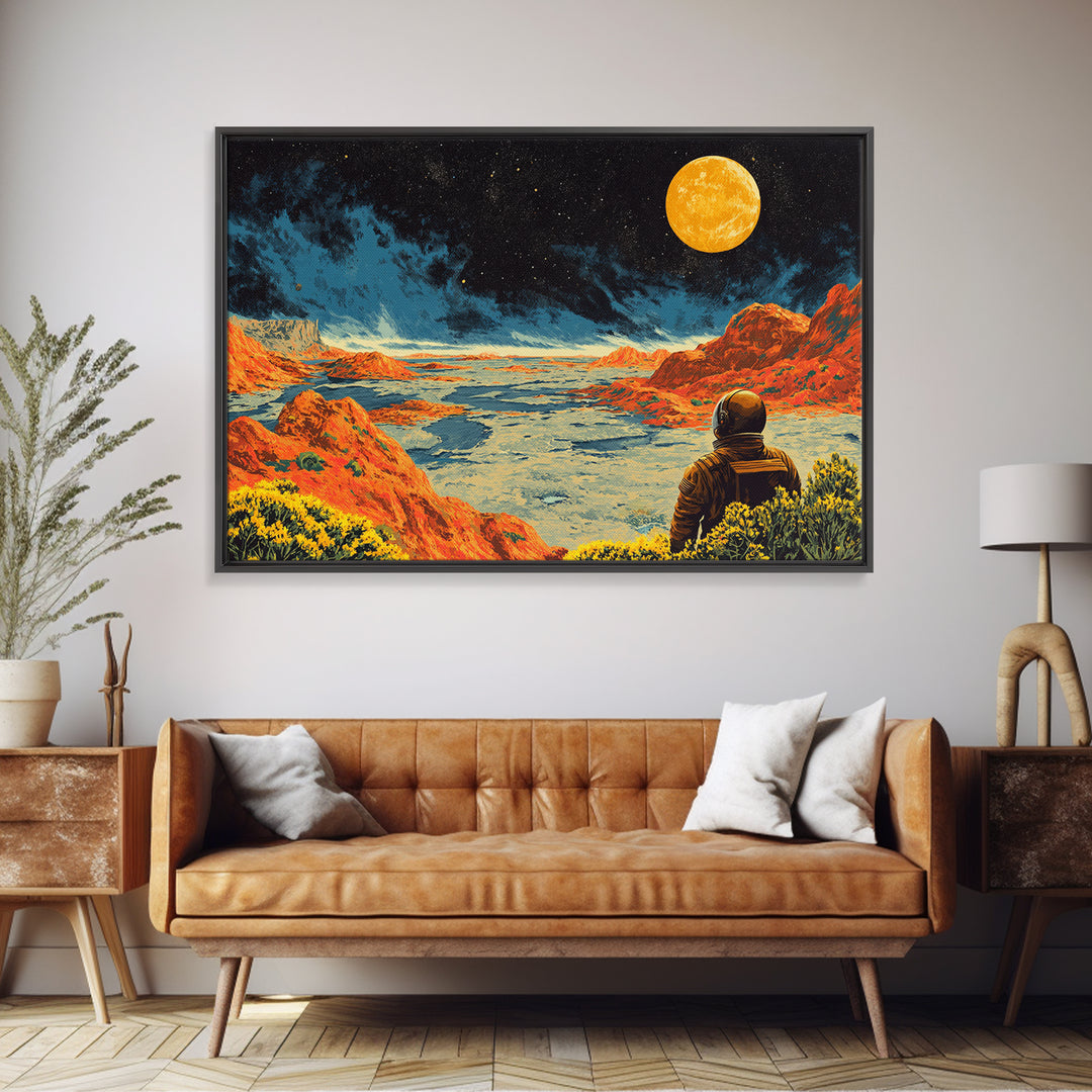Astronaut On Orange Lunar Desert Wall Art, Retro Sci Fi Moon Poster, Midcentury Modern Art Print, Bold Space Landscape Decor