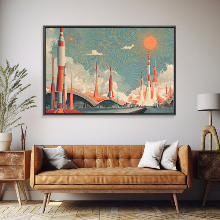 Retro Rocket City Launch With Orange Sun Wall Art, Midcentury Modern Space Poster, Atomic Architecture Decor, Teal Print