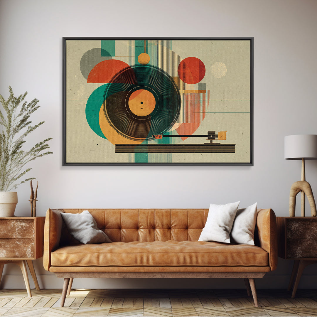 Teal Orange Geometric Turntable Wall Art, Mid Century Modern Record Player Decor, Abstract Music Poster, Retro MCM Print