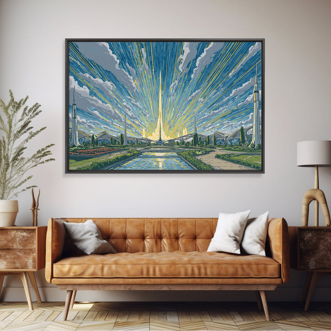 Futuristic Rocket Skyline At Sunrise Framed Canvas Print, Midcentury Modern Wall Art, Atomic City Poster, Blue Yellow Decor