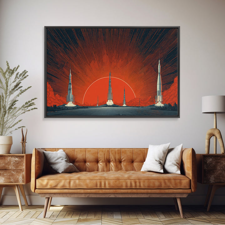 Rocket Sunscape Wall Art, Retro Futuristic Space Poster, Midcentury Modern Art Print, Large Atomic Orange MCM Wall Decor
