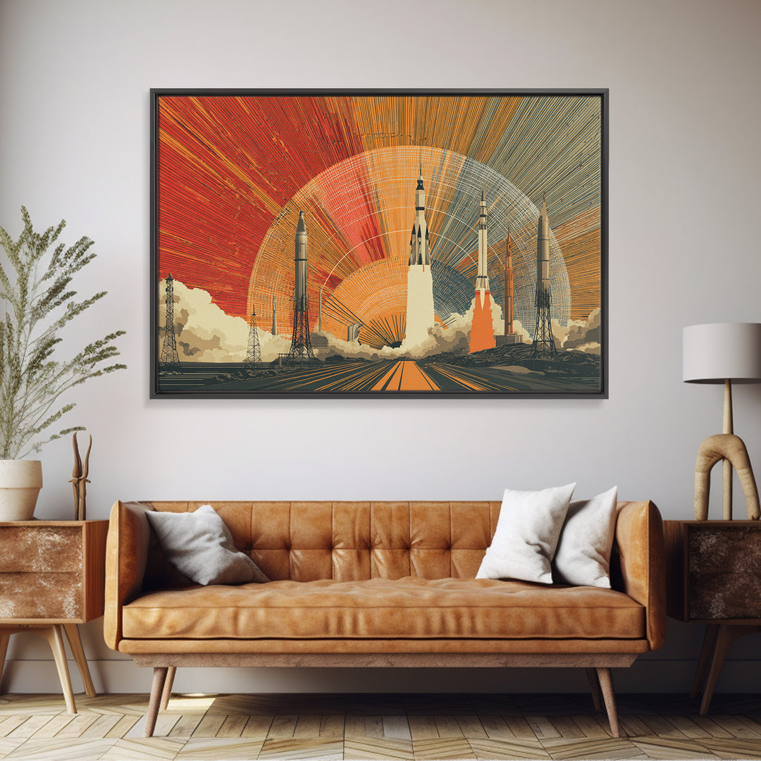 Rocket Launch Wall Art, Retro Space Race Poster, Midcentury Modern Art Print, Atomic Sunset Sci Fi Large MCM Office Decor