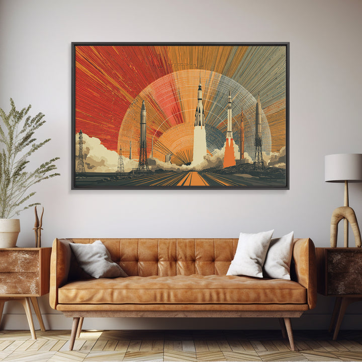 Rocket Launch Wall Art, Retro Space Race Poster, Midcentury Modern Art Print, Atomic Sunset Sci Fi Large MCM Office Decor