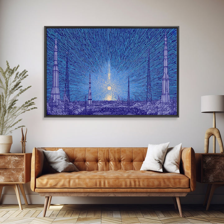 Blue Rocket Skyline Canvas Print, Retro Sci Fi Space Poster, Midcentury Modern Wall Art, Starry Atomic MCM Office Decor Print