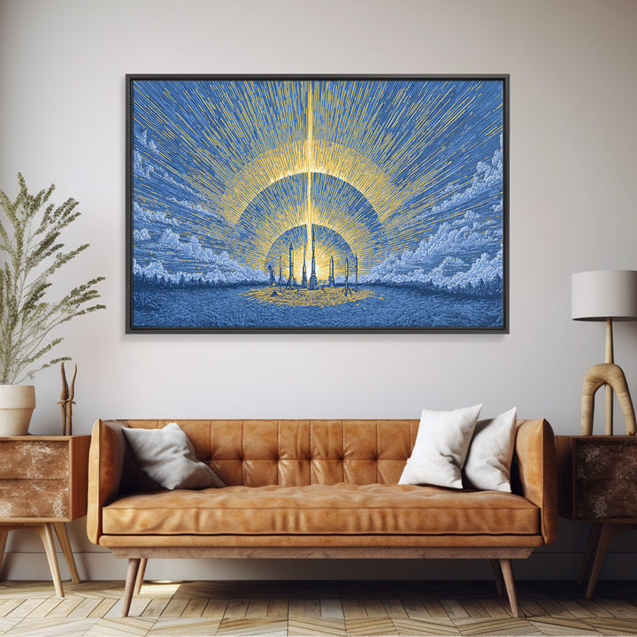 Blue Solar City Wall Art, Futuristic Sunrise Poster, Midcentury Modern Art Print, Retro Space Abstract Large MCM Home Decor