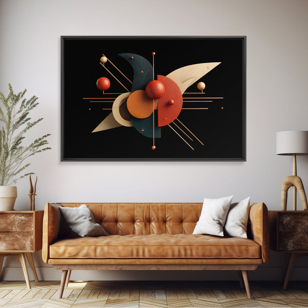 Atomic Sphere Sculpture Wall Art, Black Orange Geometric Canvas Print, Midcentury Modern Abstract Large Retro MCM Office Decor