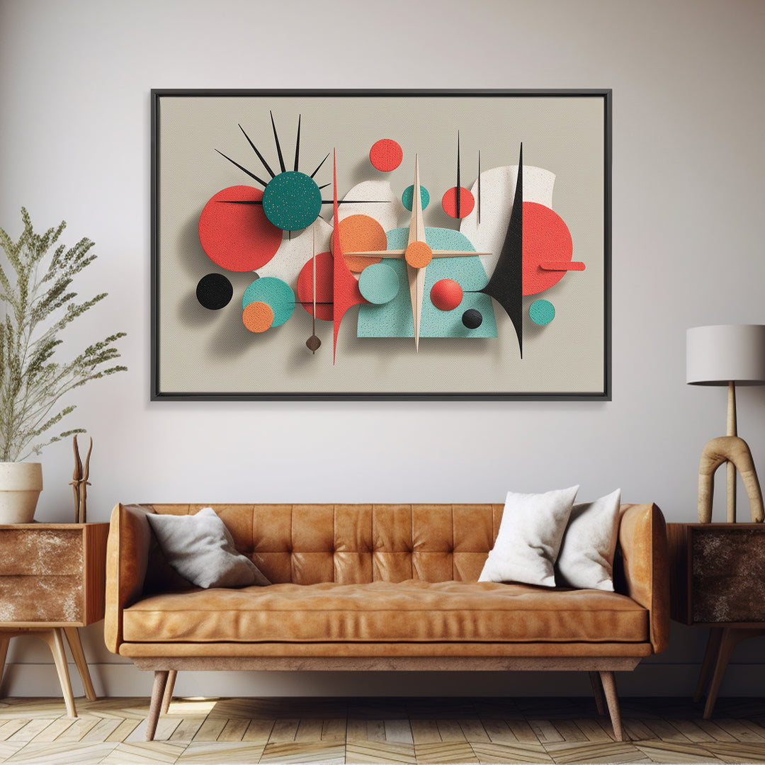 Coral Teal Geometric Wall Art, Modern Abstract Sculpture Canvas Print, Midcentury Modern Decor, Retro MCM Home Decor Print