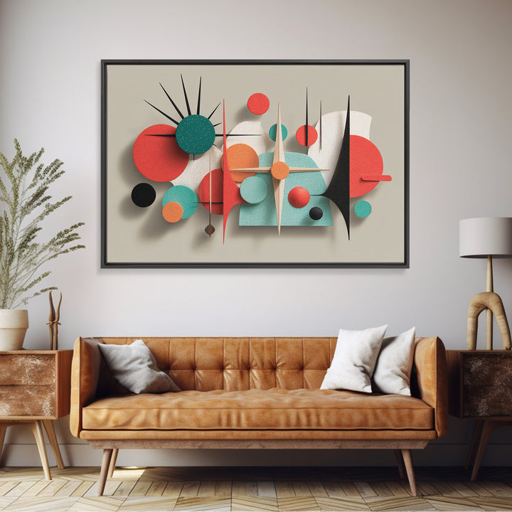 Coral Teal Geometric Wall Art, Modern Abstract Sculpture Canvas Print, Midcentury Modern Decor, Retro MCM Home Decor Print