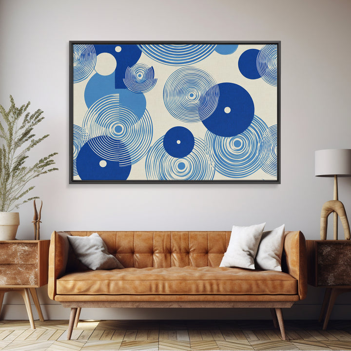 Blue Concentric Circle Pattern Canvas Print, Scandinavian Modern Wall Art, Geometric Abstract Decor, Minimal MCM Poster Print