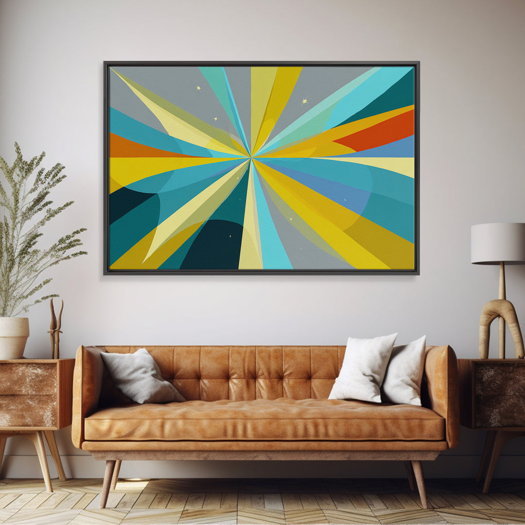 Radiant Starburst Wall Art, Blue Yellow Geometric Abstract Print, Midcentury Modern Decor, Retro MCM Large Living Room Decor