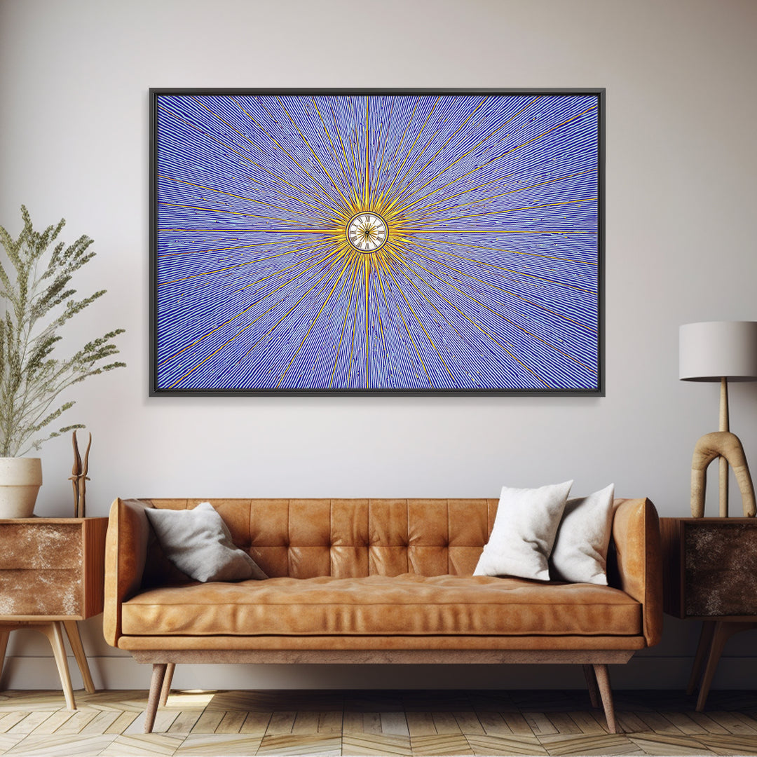 Blue Gold Radial Starburst Clock Canvas Print, Mid Century Modern Wall Decor, Atomic Retro Art Print, MCM Home Decor, Living Room Artwork