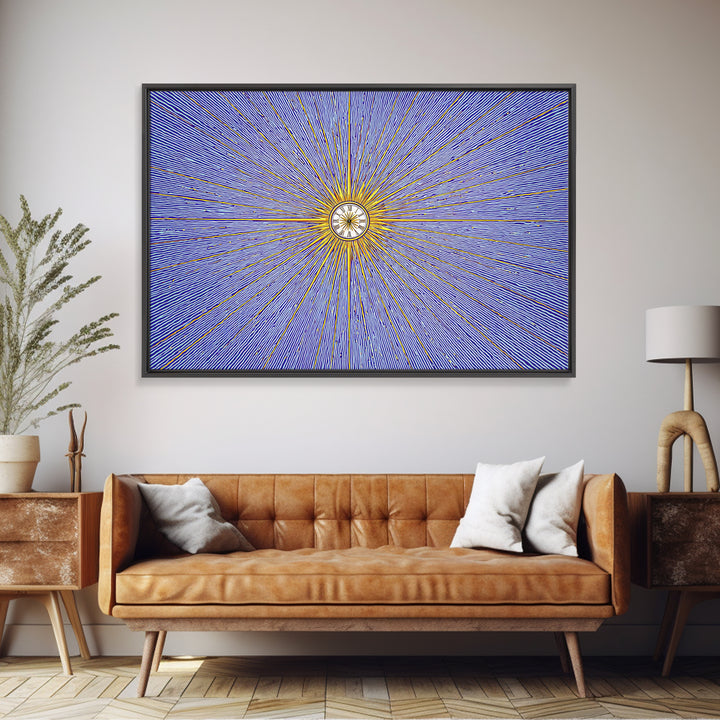 Blue Gold Radial Starburst Clock Canvas Print, Mid Century Modern Wall Decor, Atomic Retro Art Print, MCM Home Decor, Living Room Artwork