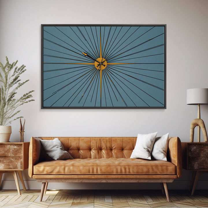 Minimal Gold Starburst Clock On Teal Wall Art, Mid Century Modern Decor, Atomic Geometric Art Print, Retro MCM Poster, Home Office Decor