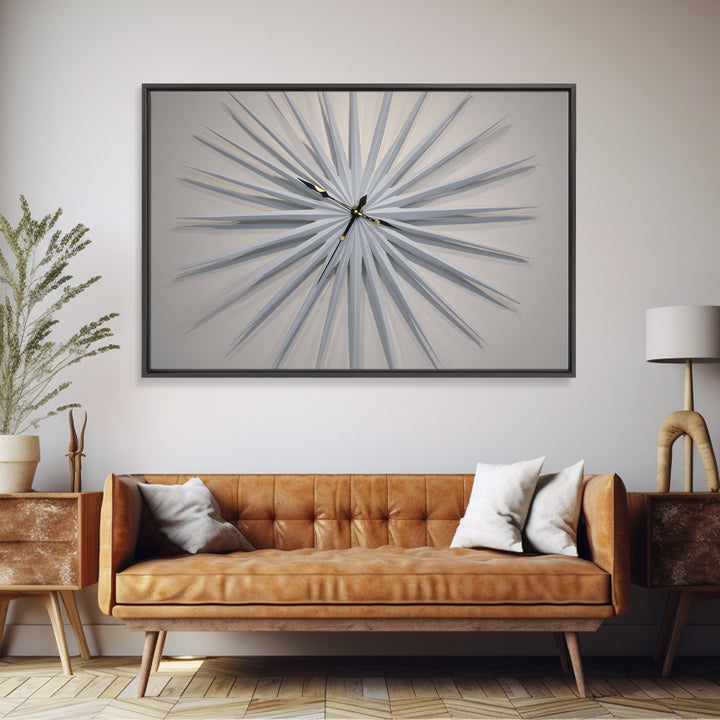 White Sculptural Starburst Clock Framed Canvas Print, Mid Century Modern Wall Decor, Minimalist MCM Art For Bedroom, Living Room Decor