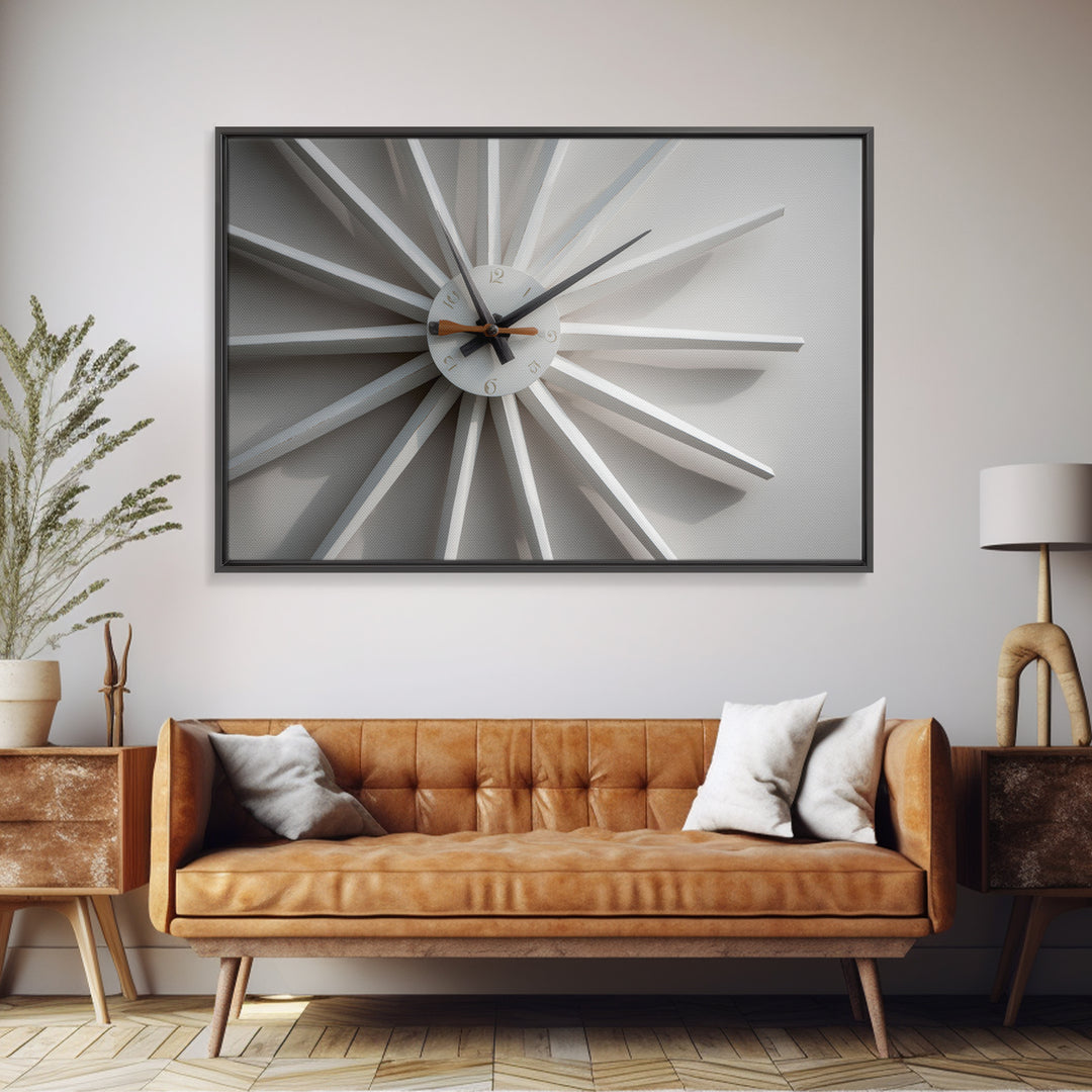 Close Up White Atomic Clock Canvas Print, Mid Century Modern Decor, Minimalist Wall Art, Retro MCM Living Room Poster Print
