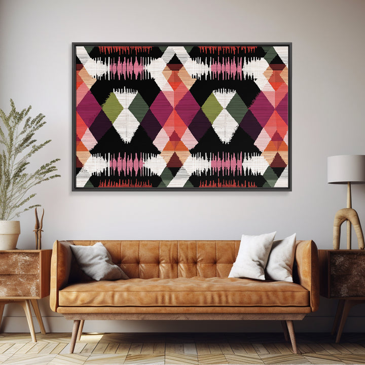 Colorful Diamond Ikat Pattern Framed Canvas Print, Retro Geometric Wall Art, Boho Mid Century Decor, Bold Abstract Poster