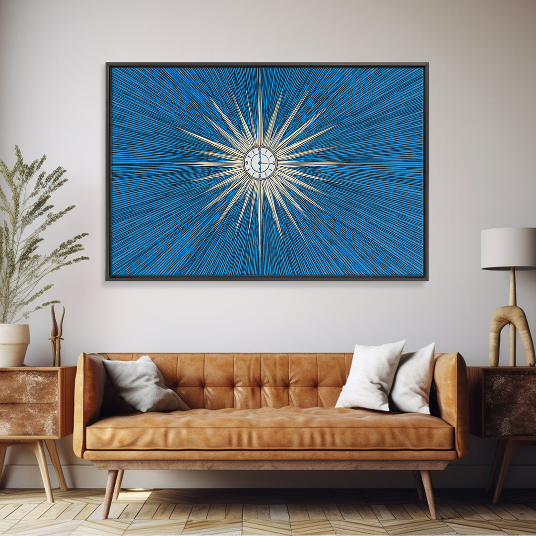 Blue White Radial Starburst Clock Canvas Print, Mid Century Modern Wall Decor, Atomic Retro Art Print, MCM Home Office Decor