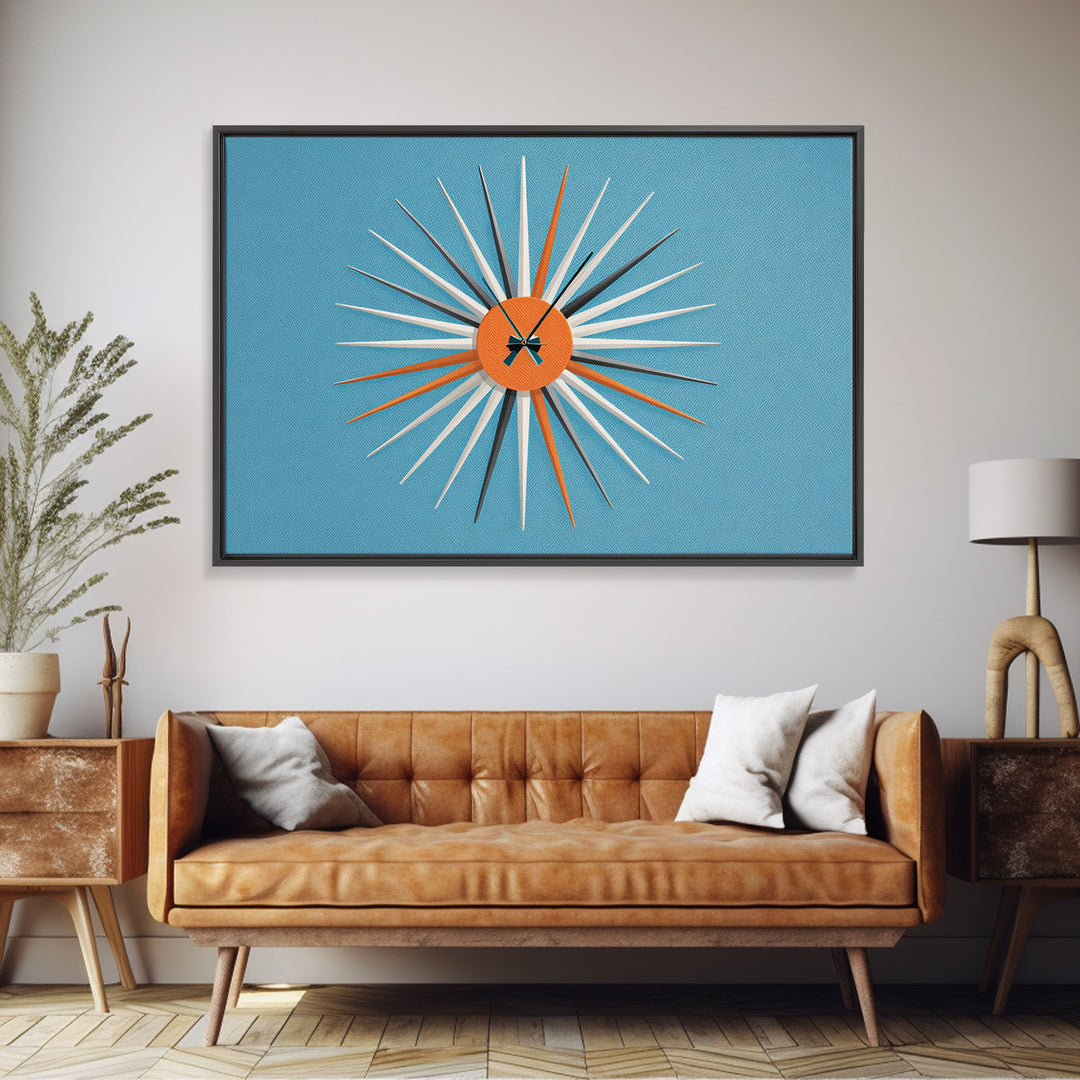 Orange Sunburst Clock On Blue Wall Art, Midcentury Modern Art, Atomic Starburst Print, Retro Wall Decor For Living Room Art