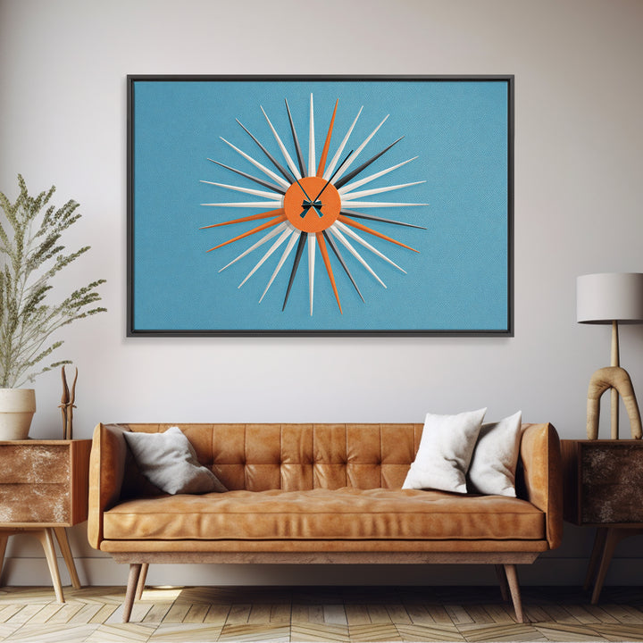 Orange Sunburst Clock On Blue Wall Art, Midcentury Modern Art, Atomic Starburst Print, Retro Wall Decor For Living Room Art