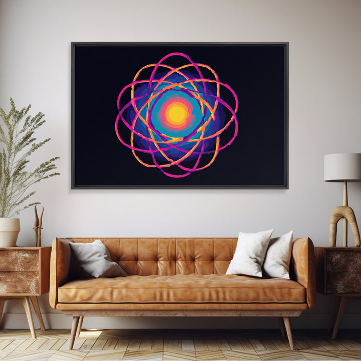 Glowing Rainbow Atom On Navy Framed Canvas Print, Bright Abstract Art, Modern Wall Art, Colorful Sci Fi Retro Poster Print