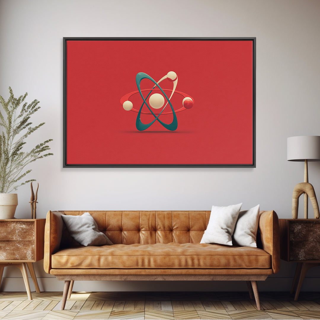 Minimal 3D Atom Sculpture On Red Canvas Print, Midcentury Modern Art, Retro Science Poster, Modern Wall Decor Gift For Him