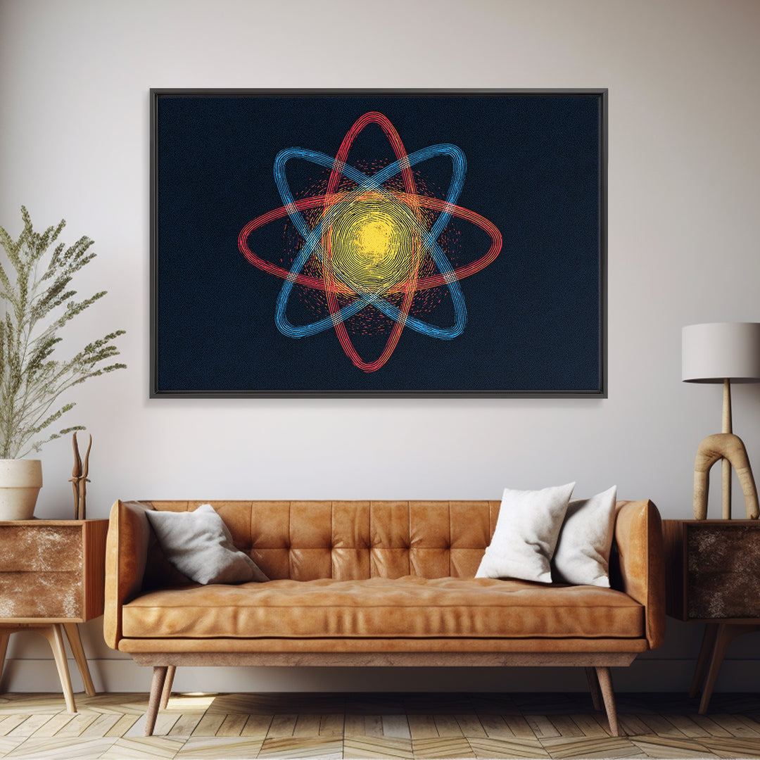 Etched Yellow Atom On Dark Blue Canvas Print, Atomic Retro Art, Midcentury Wall Art, Space Abstract Art For Office Decor
