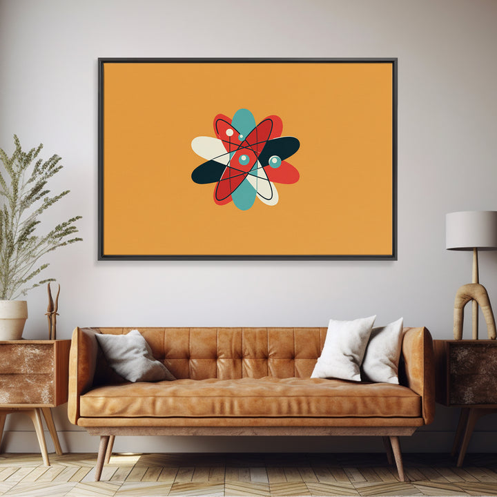 Flat Atomic Flower On Mustard Wall Art, Midcentury Modern Art, Geometric Poster, Retro Wall Decor For Kids Room And Nursery
